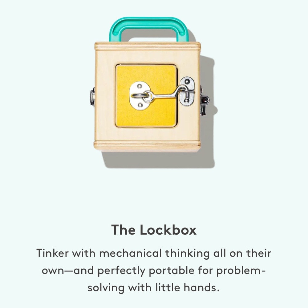 Interactive Wooden Lockbox Toy with Yellow and Teal Accents